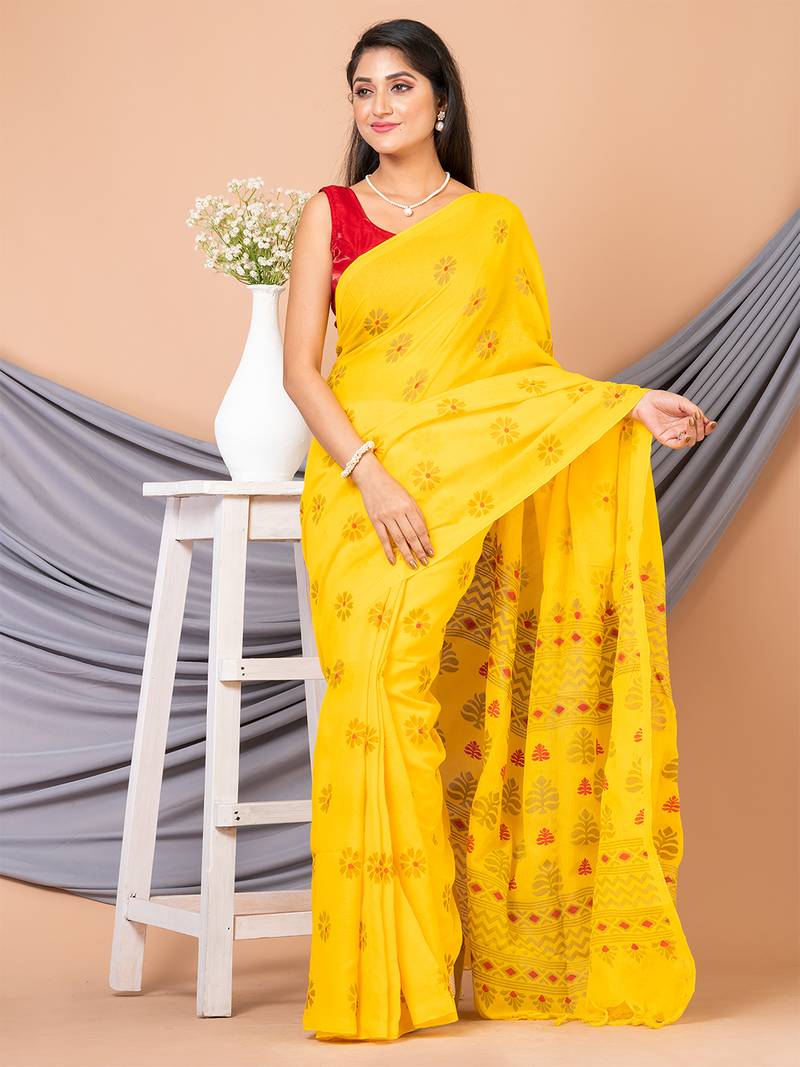 Yellow & Multi silk cotton floral design handloom saree with blouse
