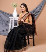 Black & Multi pure cotton floral design taant saree without blouse