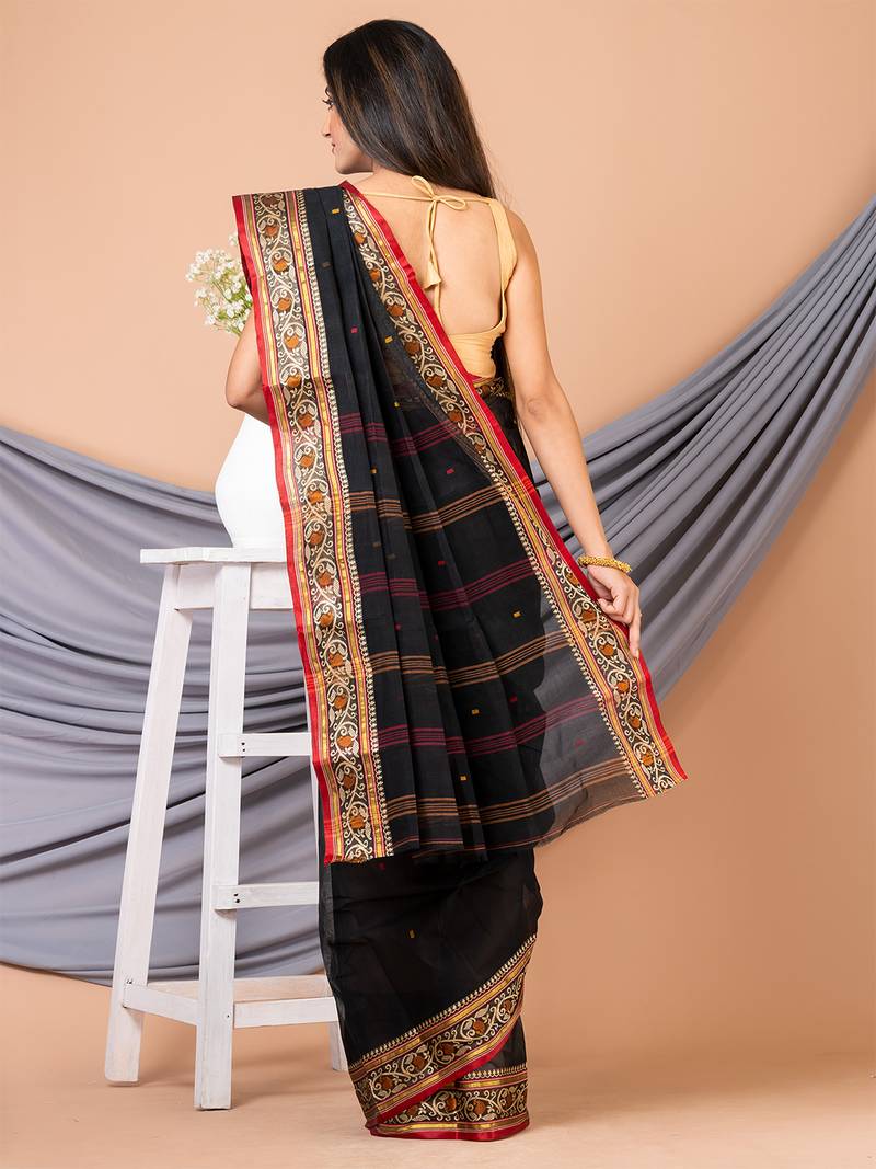 Black & Multi pure cotton floral design taant saree without blouse