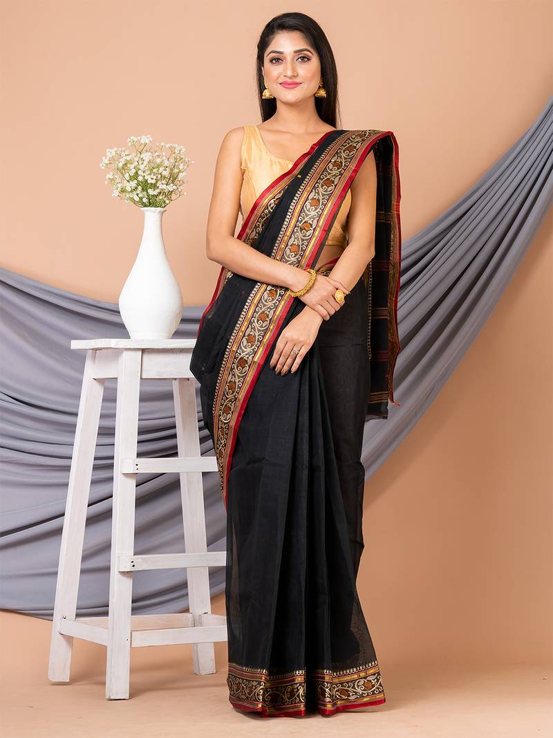 Black & Multi pure cotton floral design taant saree without blouse