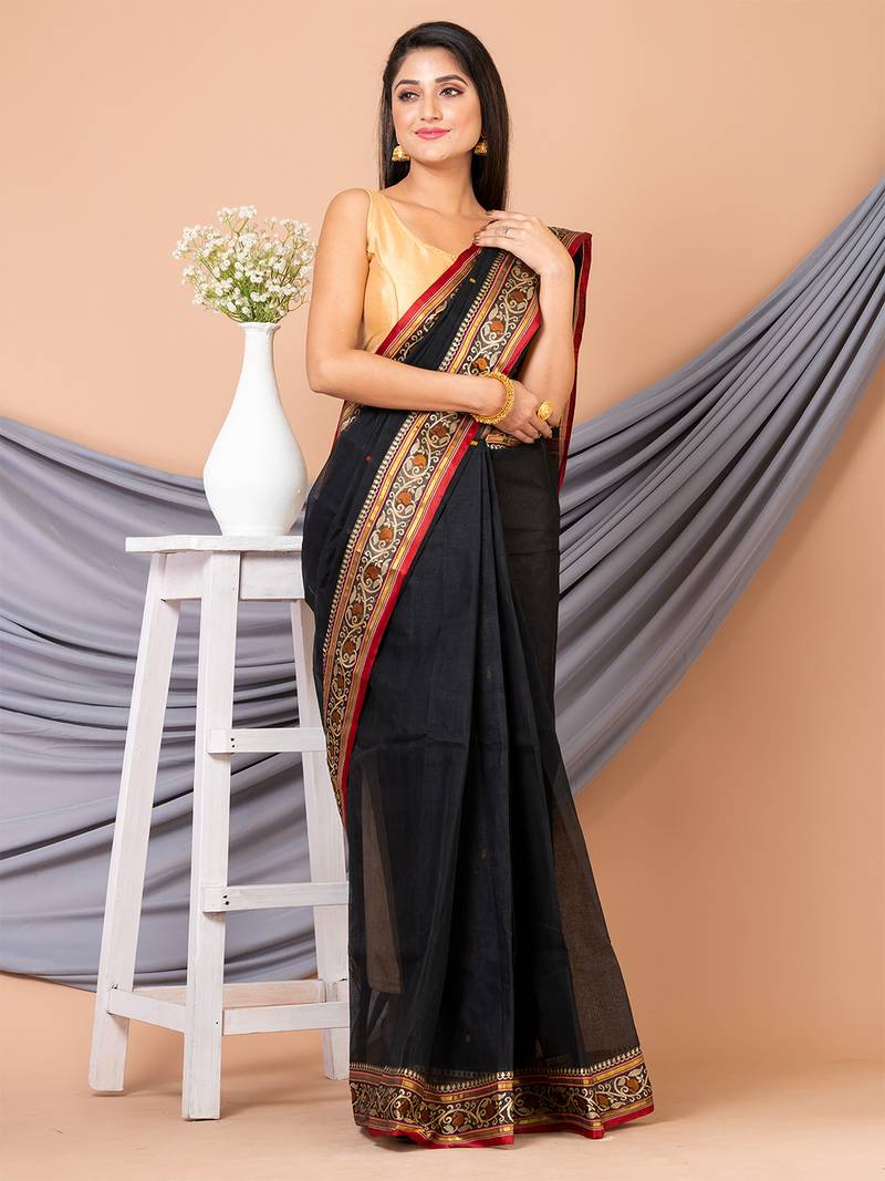 Black & Multi pure cotton floral design taant saree without blouse