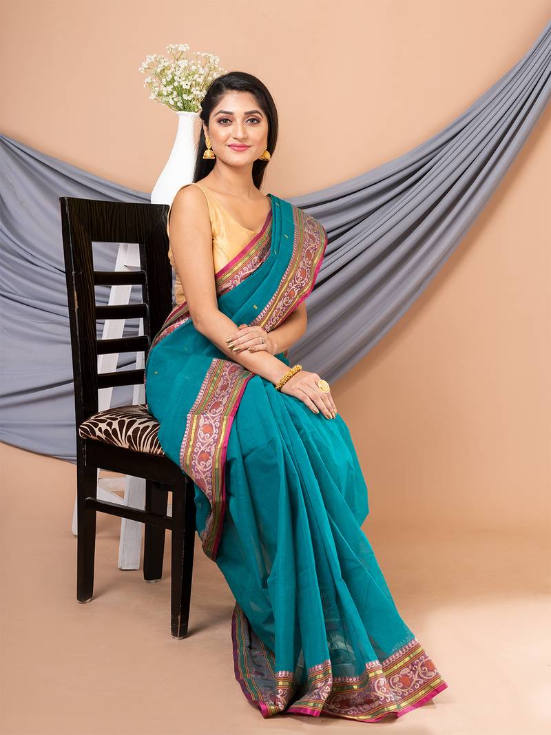 Green & Multi pure cotton floral design taant saree without blouse