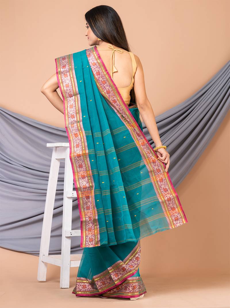 Green & Multi pure cotton floral design taant saree without blouse