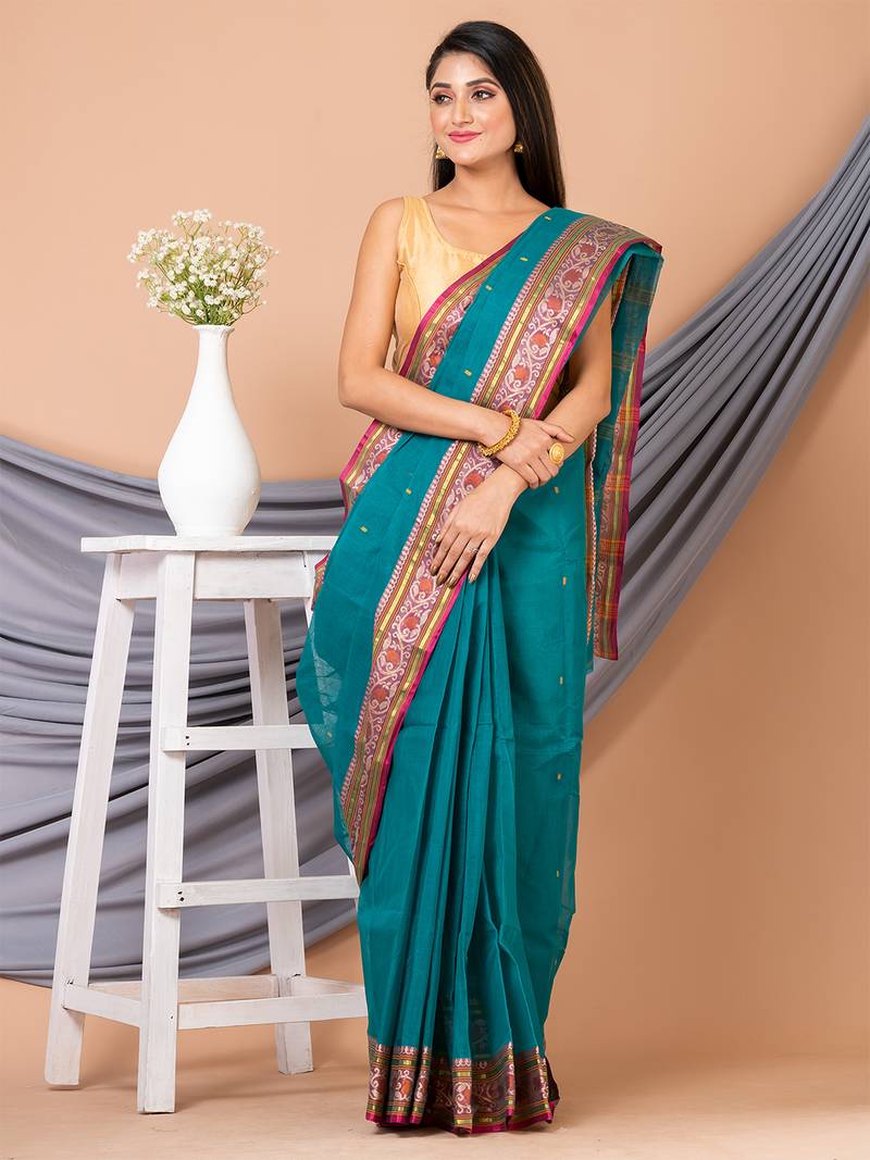 Green & Multi pure cotton floral design taant saree without blouse