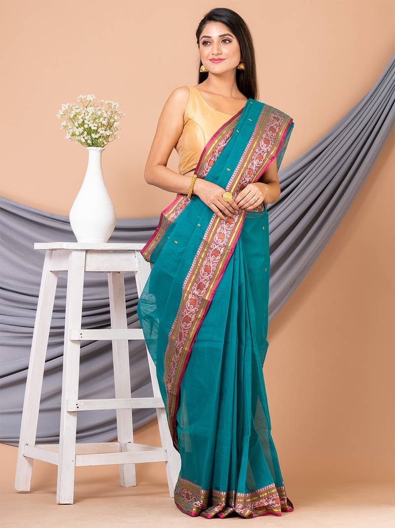 Green & Multi pure cotton floral design taant saree without blouse