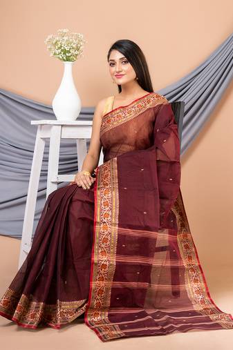 Maroon & Multi Pure Cotton Floral Design Taant Saree Without Blouse