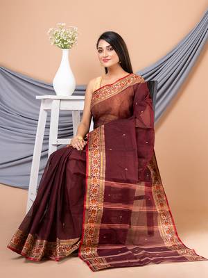 Maroon & Multi Pure Cotton Floral Design Taant Saree Without Blouse 1