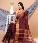 Maroon & Multi Pure Cotton Floral Design Taant Saree Without Blouse