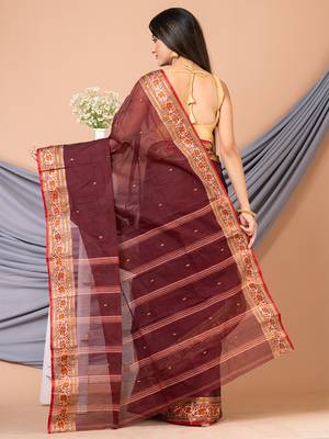 Maroon & Multi Pure Cotton Floral Design Taant Saree Without Blouse 2