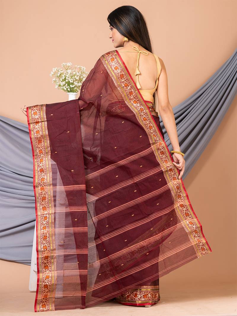 Maroon & Multi Pure Cotton Floral Design Taant Saree Without Blouse