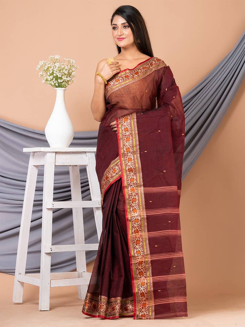 Maroon & Multi Pure Cotton Floral Design Taant Saree Without Blouse