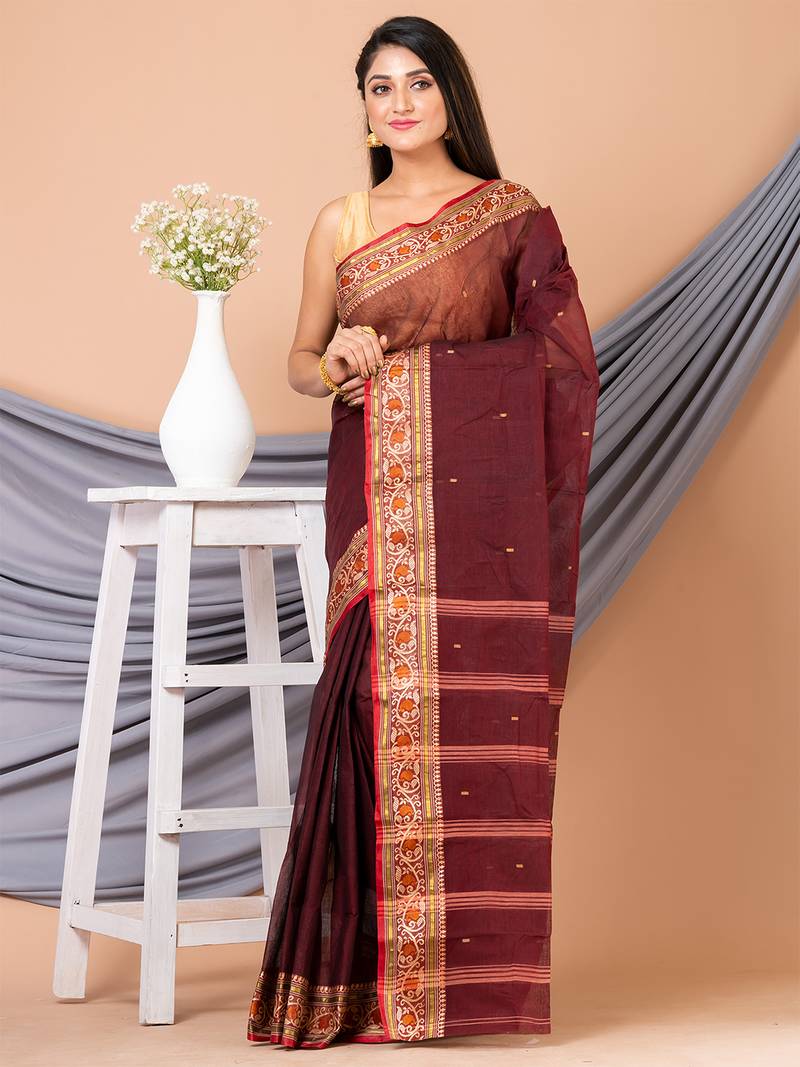 Maroon & Multi Pure Cotton Floral Design Taant Saree Without Blouse