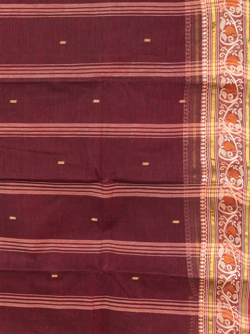 Maroon & Multi Pure Cotton Floral Design Taant Saree Without Blouse
