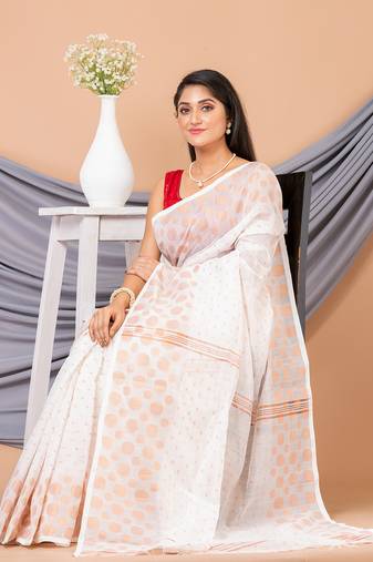 White & Golden Silk Blend Polka Dots Handloom Saree With Blouse
