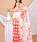 White & Red Cotton Hand Painted Resham Kota Saree Without Blouse