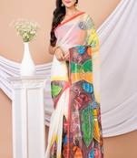White & Multi Cotton Hand Painted Resham Kota Saree Without Blouse