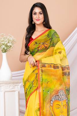 Yellow & Multi Cotton Hand Painted Resham Kota Saree Without Blouse 1