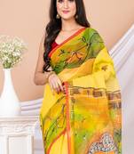 Yellow & Multi Cotton Hand Painted Resham Kota Saree Without Blouse