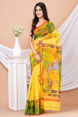 Yellow & Multi Cotton Hand Painted Resham Kota Saree Without Blouse 2
