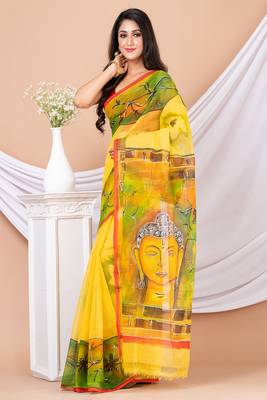 Yellow & Multi Cotton Hand Painted Resham Kota Saree Without Blouse 3