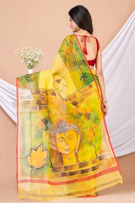 Yellow & Multi Cotton Hand Painted Resham Kota Saree Without Blouse 4