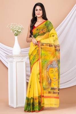 Yellow & Multi Cotton Hand Painted Resham Kota Saree Without Blouse 5