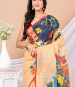 Beige & Multi cotton Hand painted Resham kota saree without blouse