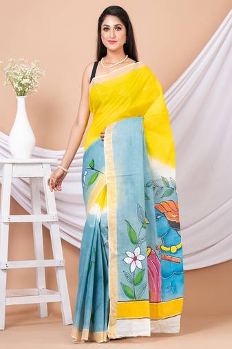 Yellow & Grey Hand painted Kerala cotton saree without blouse