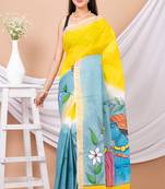 Yellow & Grey Hand painted Kerala cotton saree without blouse