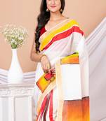 White & Multi Hand Painted Kerala Cotton Saree Without Blouse