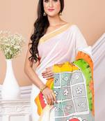 White & Multi Hand painted Kerala cotton saree without blouse