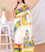 White & Multi Hand Painted Kerala Cotton Saree Without Blouse