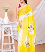 White & Multi Hand Painted Kerala Cotton Saree Without Blouse