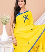 Blue & Lime Green Aplique Printed Cotton Saree Without Blouse