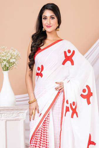 Red & White Aplique cotton saree without blouse