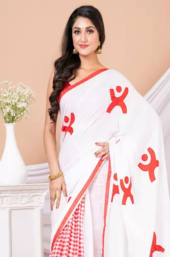 Red & White Aplique cotton saree without blouse
