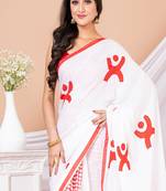 Red & White Aplique cotton saree without blouse