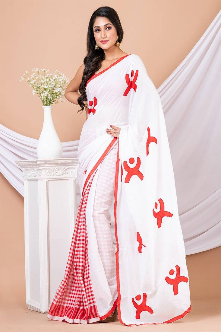 Red & White Aplique cotton saree without blouse