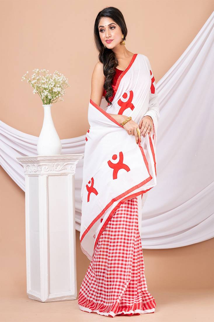 Red & White Aplique cotton saree without blouse