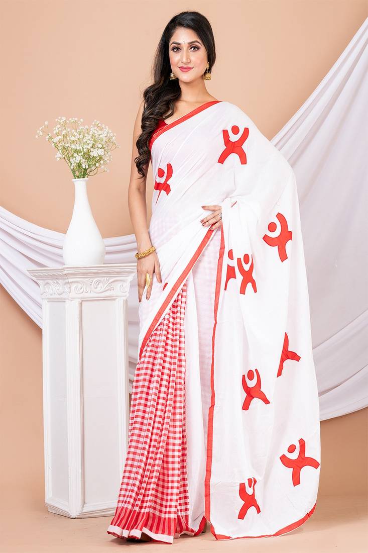 Red & White Aplique cotton saree without blouse