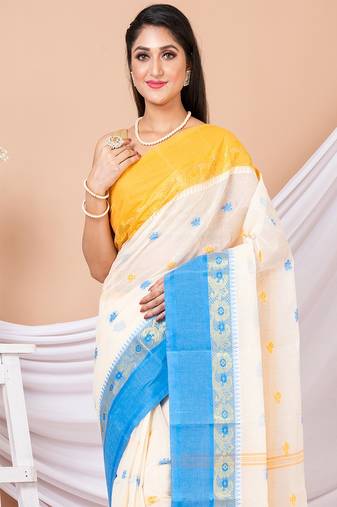White & Multi Floral woven design pure coton  traditional taant saree without blouse