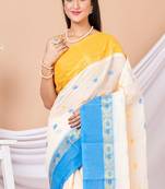 White & Multi Floral woven design pure coton  traditional taant saree without blouse