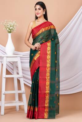 Green & Maroon Floral Woven Design Pure Coton Traditional Taant Saree Without Blouse 1