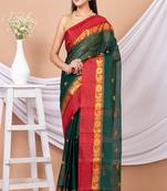 Green & Maroon Floral Woven Design Pure Coton Traditional Taant Saree Without Blouse