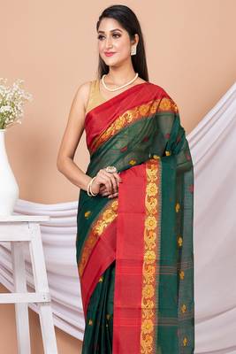 Green & Maroon Floral Woven Design Pure Coton Traditional Taant Saree Without Blouse 2