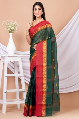 Green & Maroon Floral Woven Design Pure Coton Traditional Taant Saree Without Blouse 3
