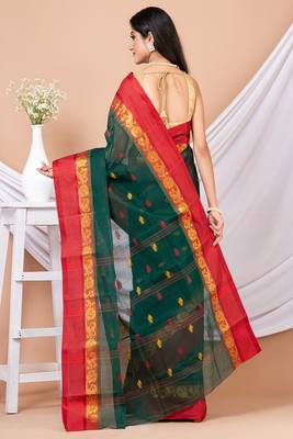Green & Maroon Floral Woven Design Pure Coton Traditional Taant Saree Without Blouse 4