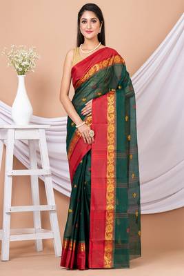 Green & Maroon Floral Woven Design Pure Coton Traditional Taant Saree Without Blouse 5