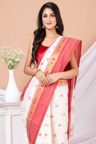 White & Red Floral woven design pure coton traditional taant saree without blouse