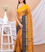 Brown & Multi Floral woven design pure coton traditional taant saree without blouse